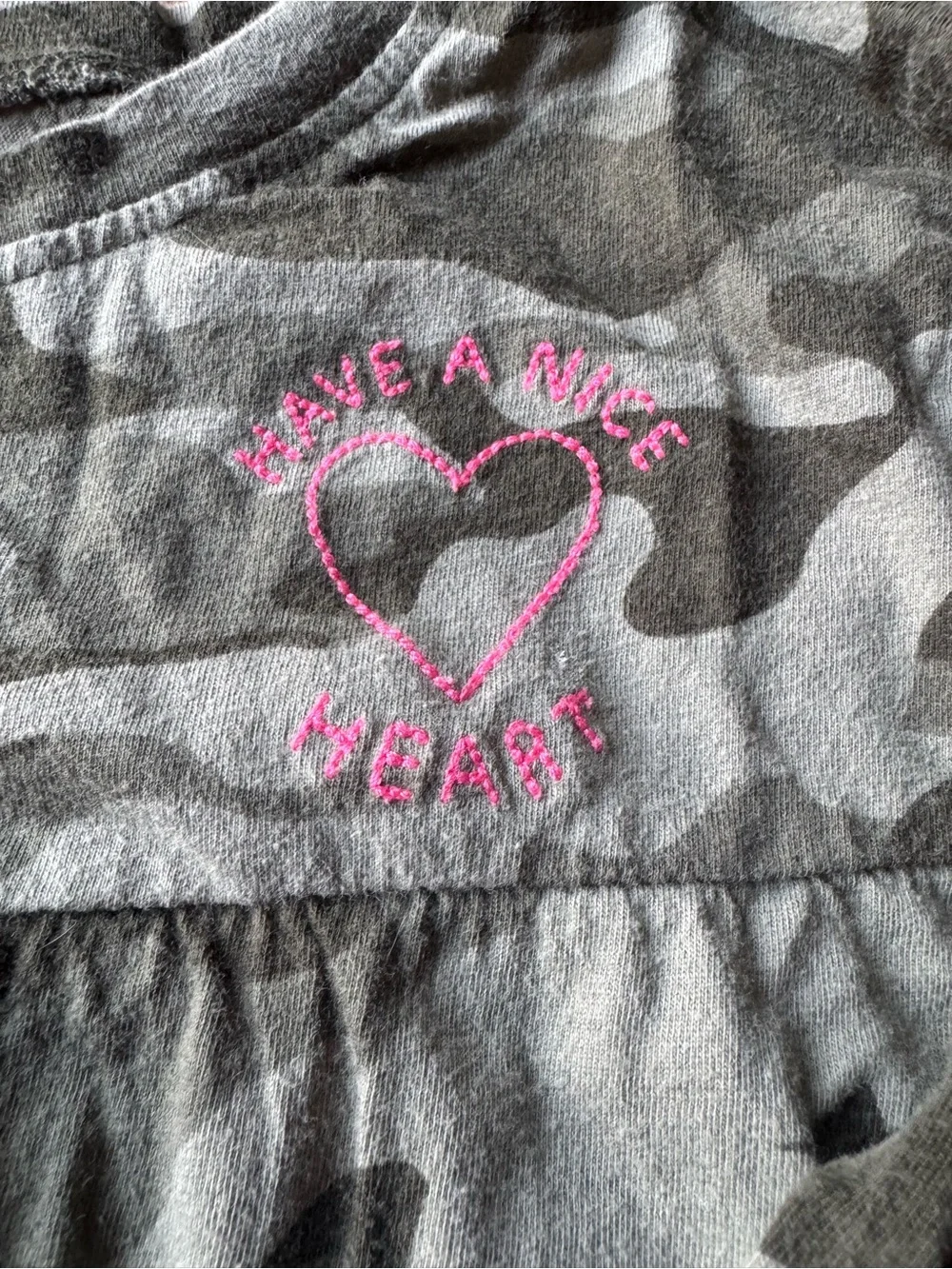 Old Navy Green Camo Long-Sleeve Top with Pink Heart Accent